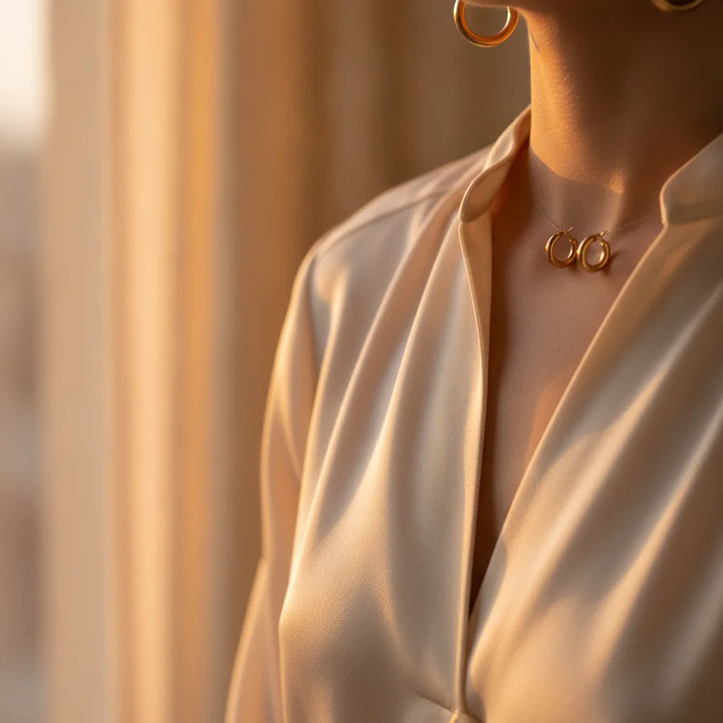 Gold jewellery detail on a cream blouse